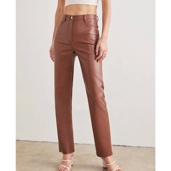 Aritzia Pants - Aritzia Wilfred Straight Leg Vegan Leather Melina Pants Cognac Brown Size 6
